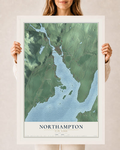 Northampton, New York map print, 24" x 36" W/ White Ayous Wood Frame mockup