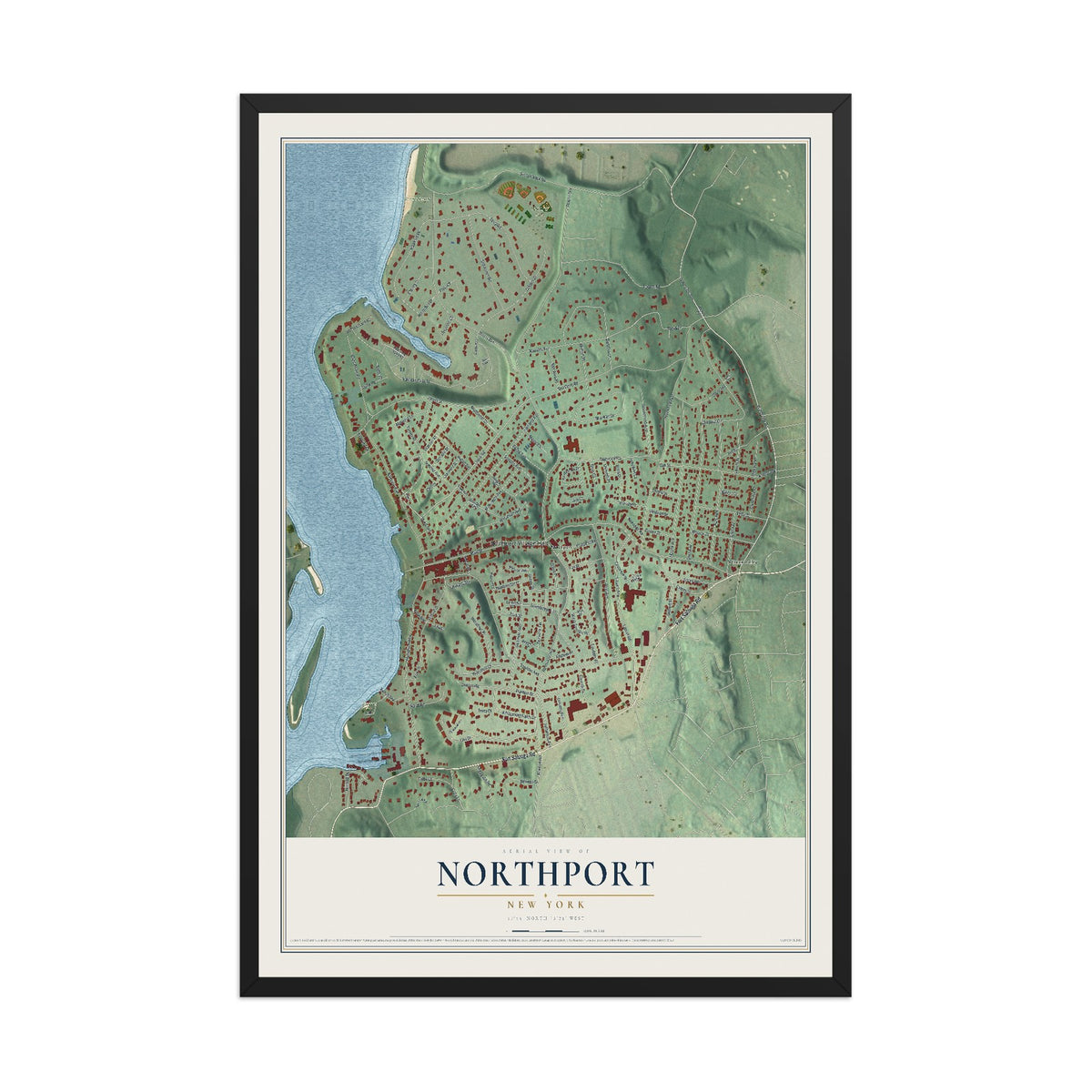 Northport, New York map print, 12" x 18" W/ Black Ayous Wood Frame mockup