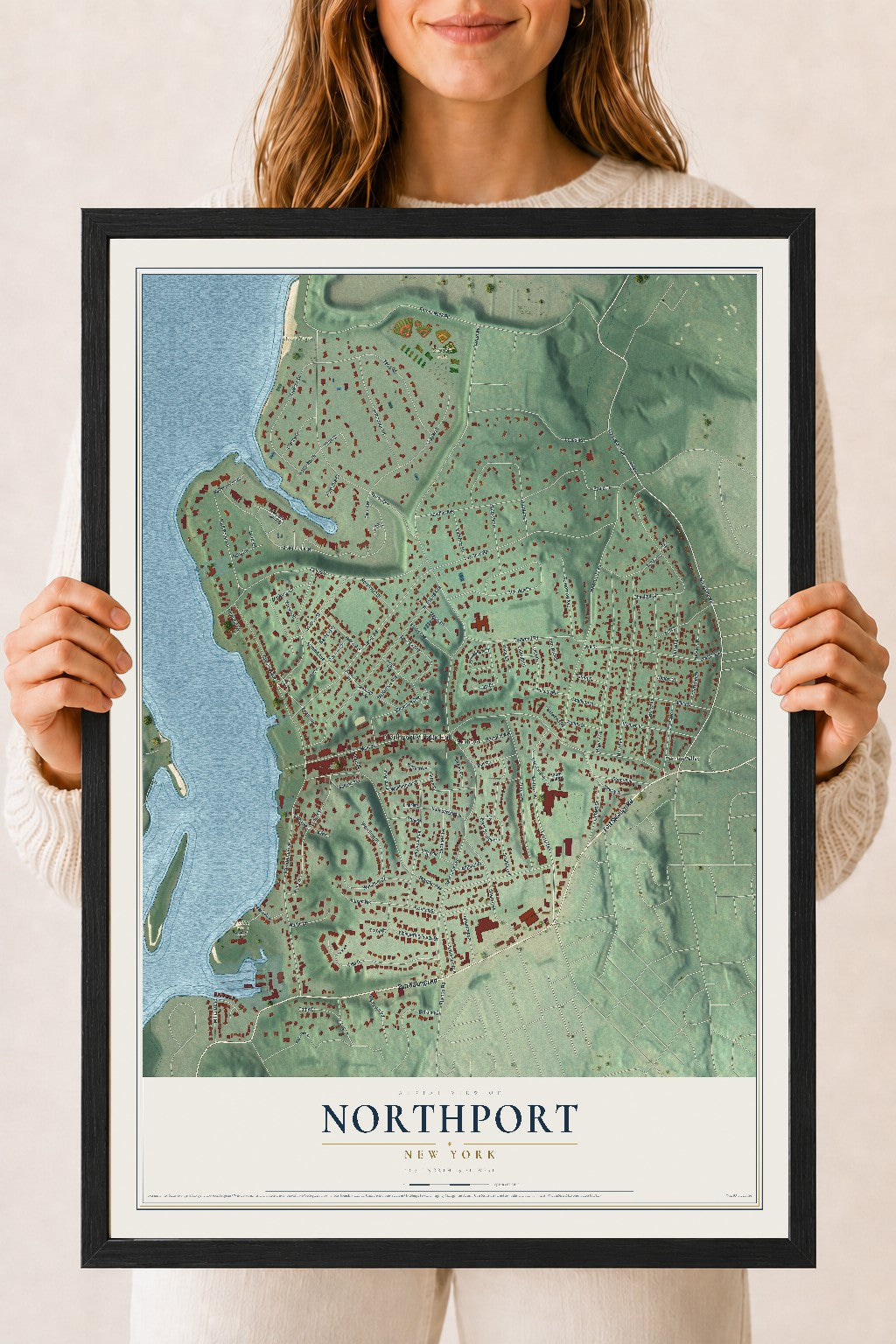 Northport, New York map print, 18" x 24" W/ Black Ayous Wood Frame mockup