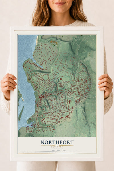 Northport, New York map print, 18" x 24" W/ White Ayous Wood Frame mockup