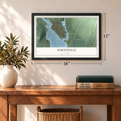 Northville, New York map, 12 x 18 inch print in a black frame in an entryway