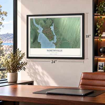 Northville, New York map, 18 x 24 inch print in a black frame in a home office