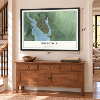 Northville, New York map, 24 x 36 inch print in a black frame above a dresser by a staircase