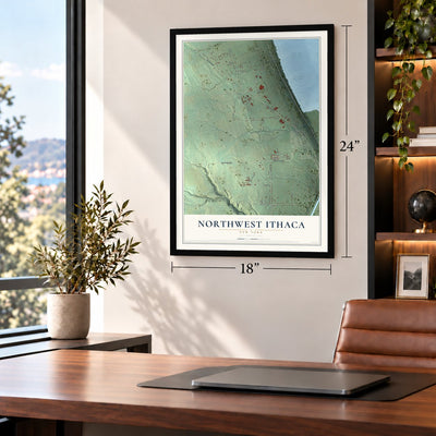 Northwest Ithaca, New York map, 18 x 24 inch print in a black frame in a home office