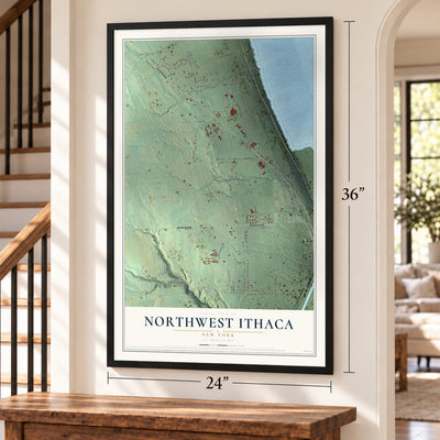 Northwest Ithaca, New York map, 24 x 36 inch print in a black frame by a staircase