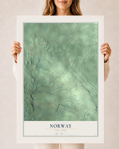 Norway, New York map print, 24" x 36" W/ White Ayous Wood Frame mockup