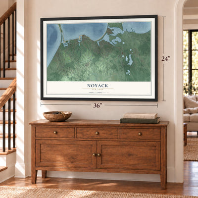 Noyack, New York map, 24 x 36 inch print in a black frame above a dresser by a staircase