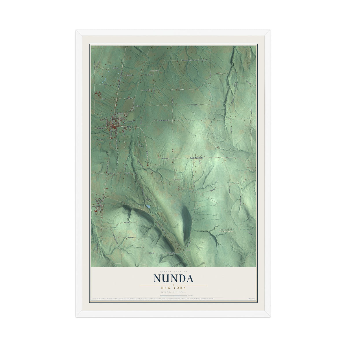 Nunda, New York map print, 12" x 18" W/ White Ayous Wood Frame mockup