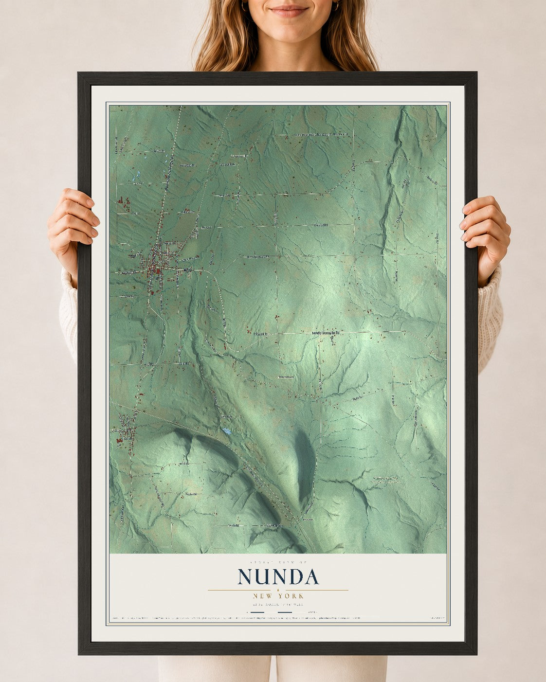 Nunda, New York map print, 24" x 36" W/ Black Ayous Wood Frame mockup