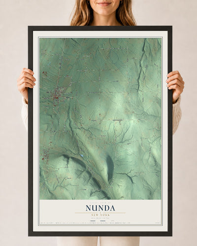 Nunda, New York map print, 24" x 36" W/ Black Ayous Wood Frame mockup