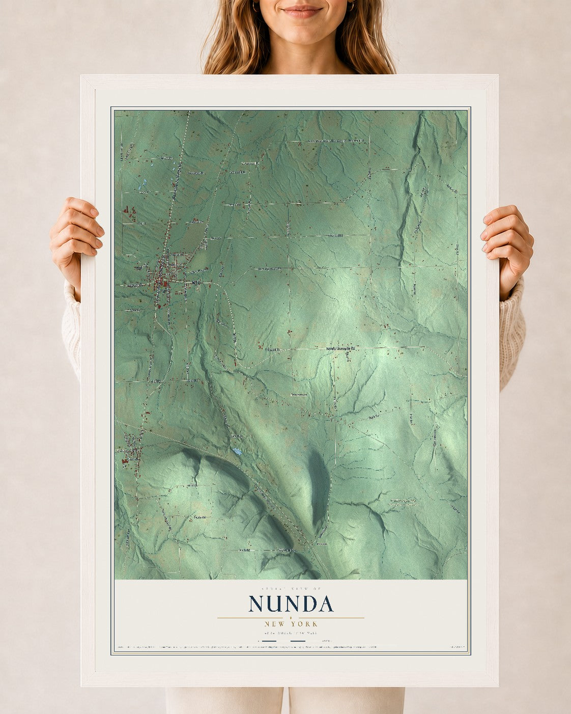 Nunda, New York map print, 24" x 36" W/ White Ayous Wood Frame mockup