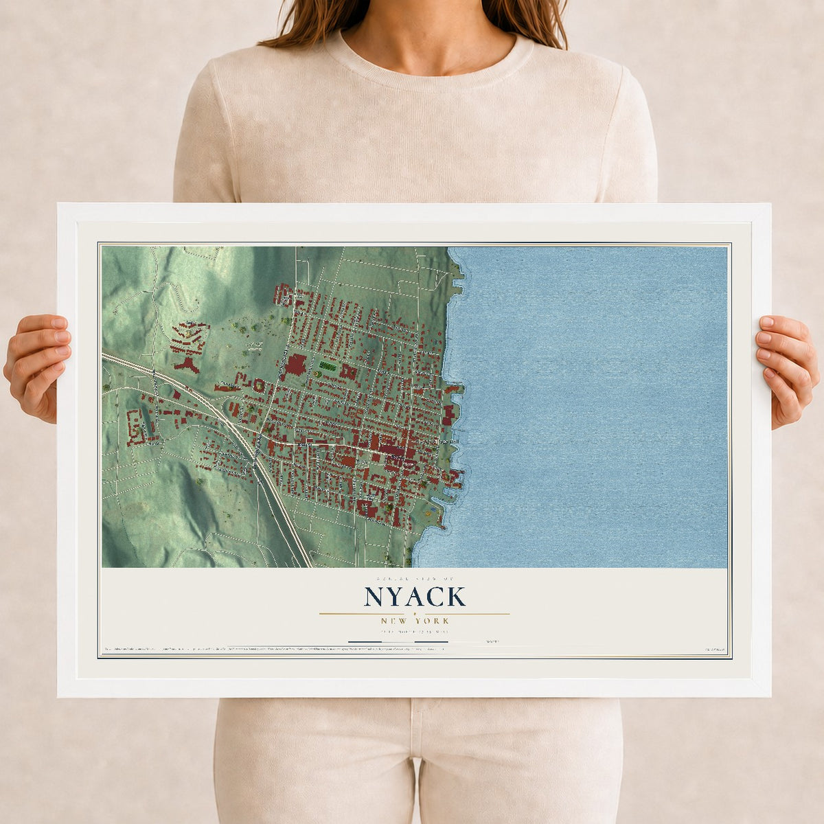 Nyack, New York map print, 12" x 18" W/ White Ayous Wood Frame mockup