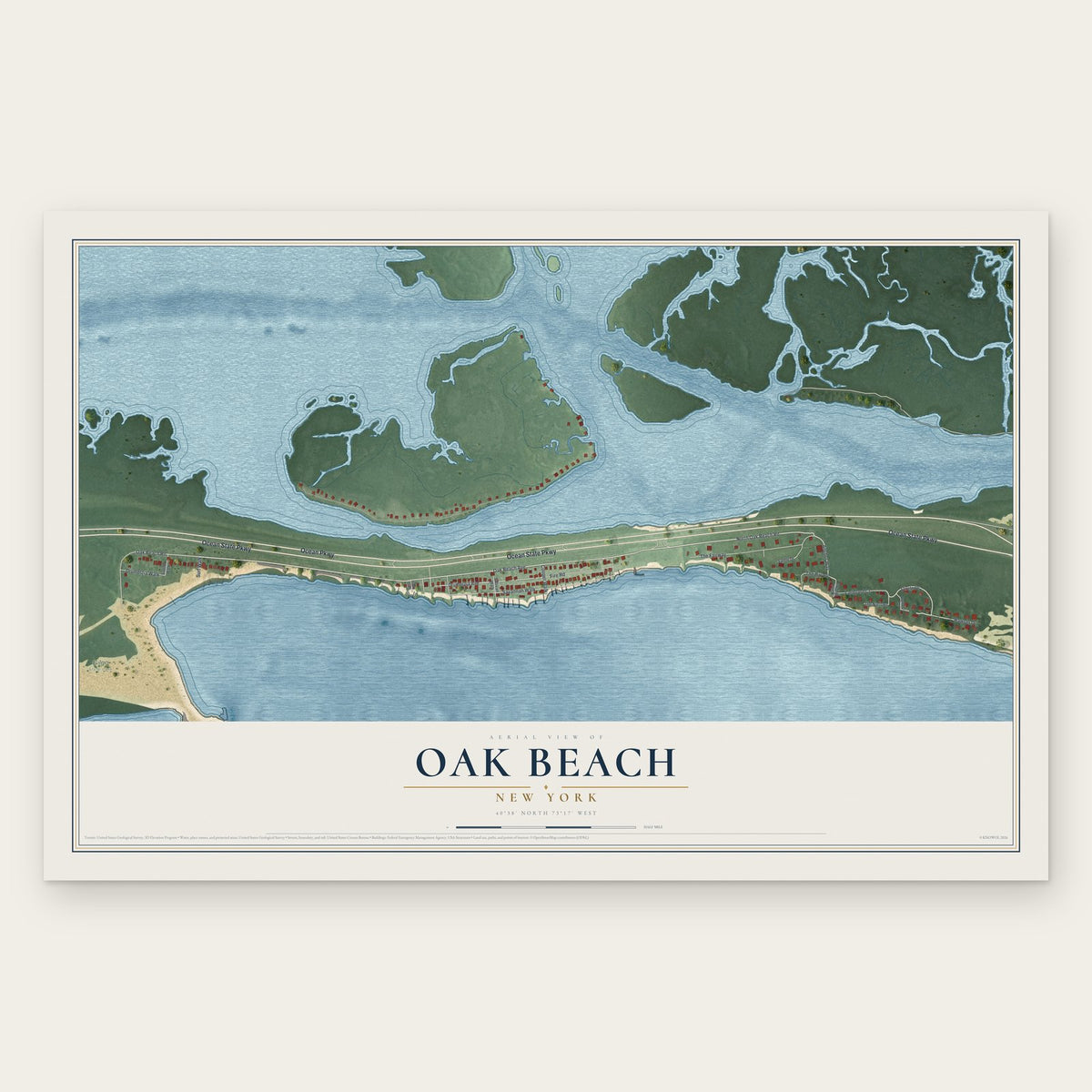 Oak Beach, New York map print, the full design