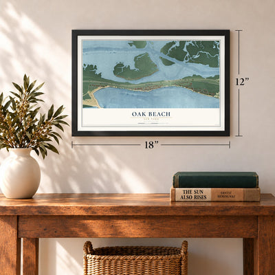 Oak Beach, New York map, 12 x 18 inch print in a black frame in an entryway