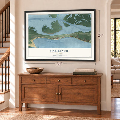 Oak Beach, New York map, 24 x 36 inch print in a black frame above a dresser by a staircase