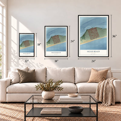Ocean Beach, New York map in 12 x 18, 18 x 24 and 24 x 36 inch sizes above a sofa