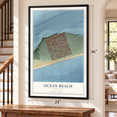 Ocean Beach, New York map, 24 x 36 inch print in a black frame by a staircase