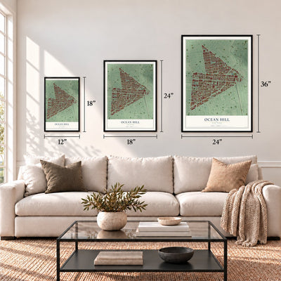 Ocean Hill, New York map in 12 x 18, 18 x 24 and 24 x 36 inch sizes above a sofa