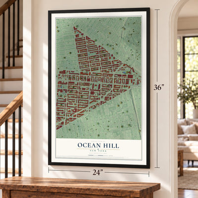 Ocean Hill, New York map, 24 x 36 inch print in a black frame by a staircase