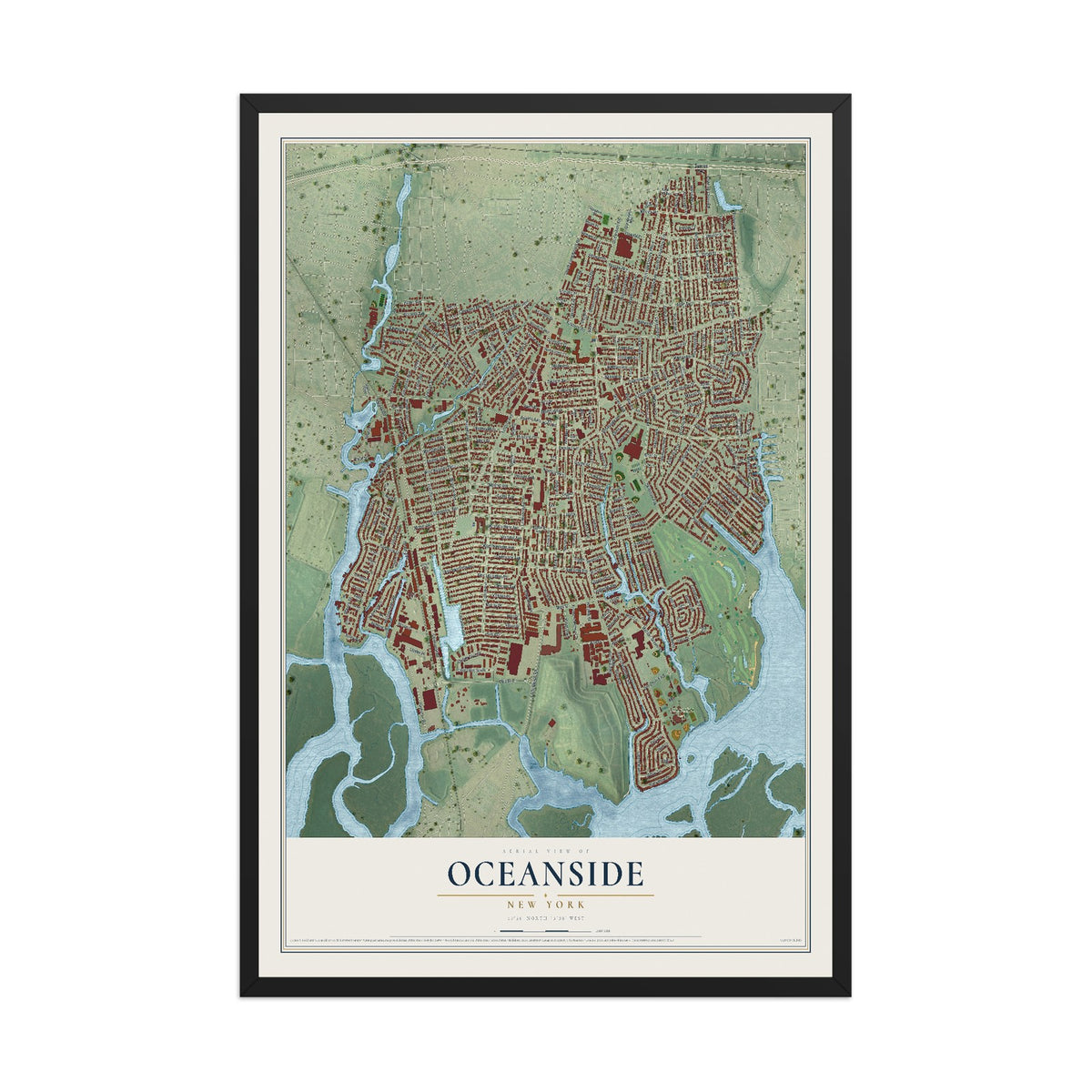 Oceanside, New York map print, 12" x 18" W/ Black Ayous Wood Frame mockup