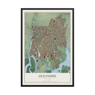 Oceanside, New York map print, 12" x 18" W/ Black Ayous Wood Frame mockup