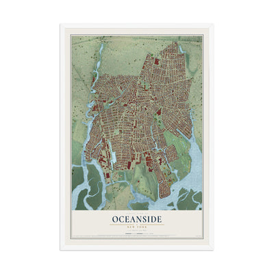 Oceanside, New York map print, 12" x 18" W/ White Ayous Wood Frame mockup
