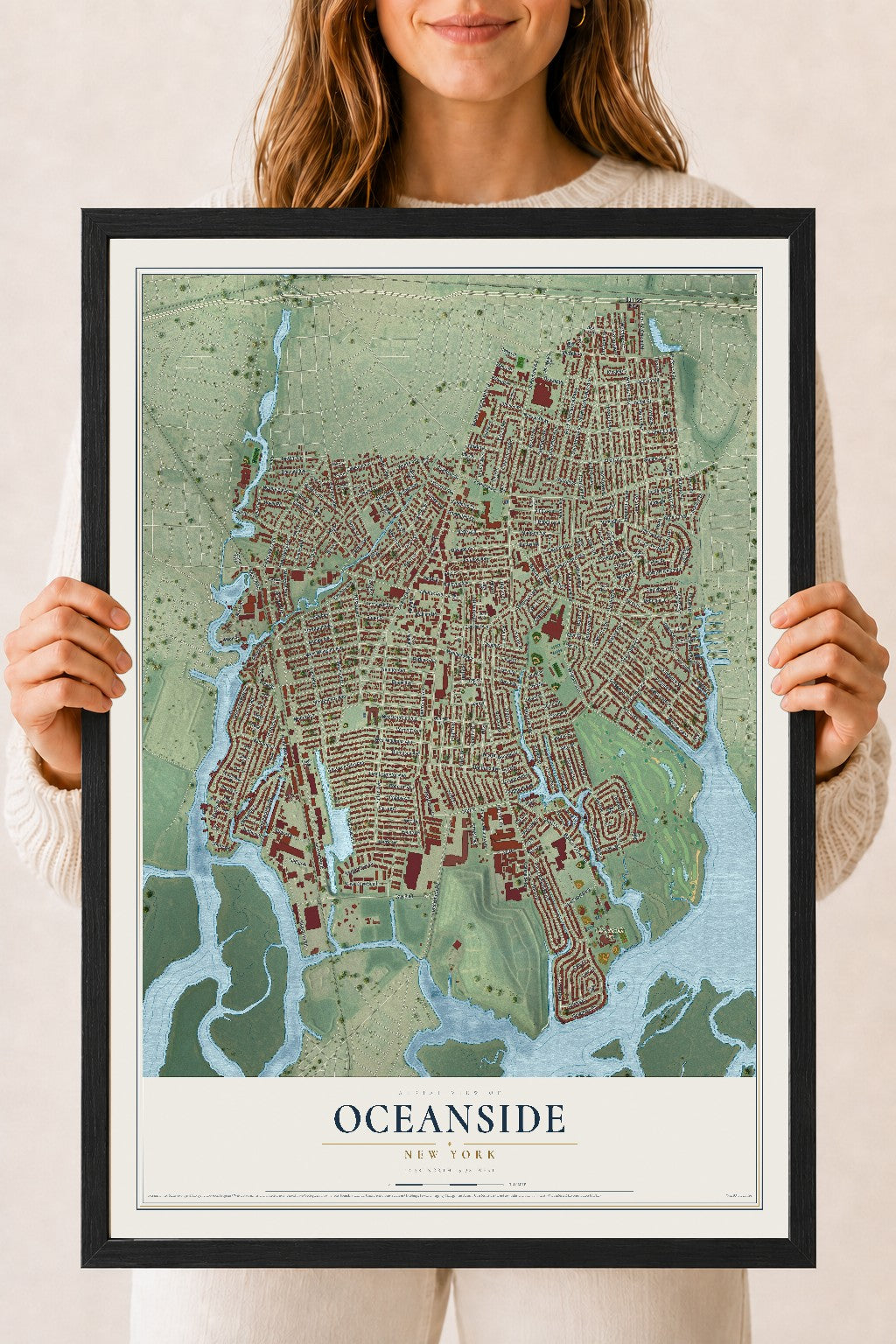 Oceanside, New York map print, 18" x 24" W/ Black Ayous Wood Frame mockup