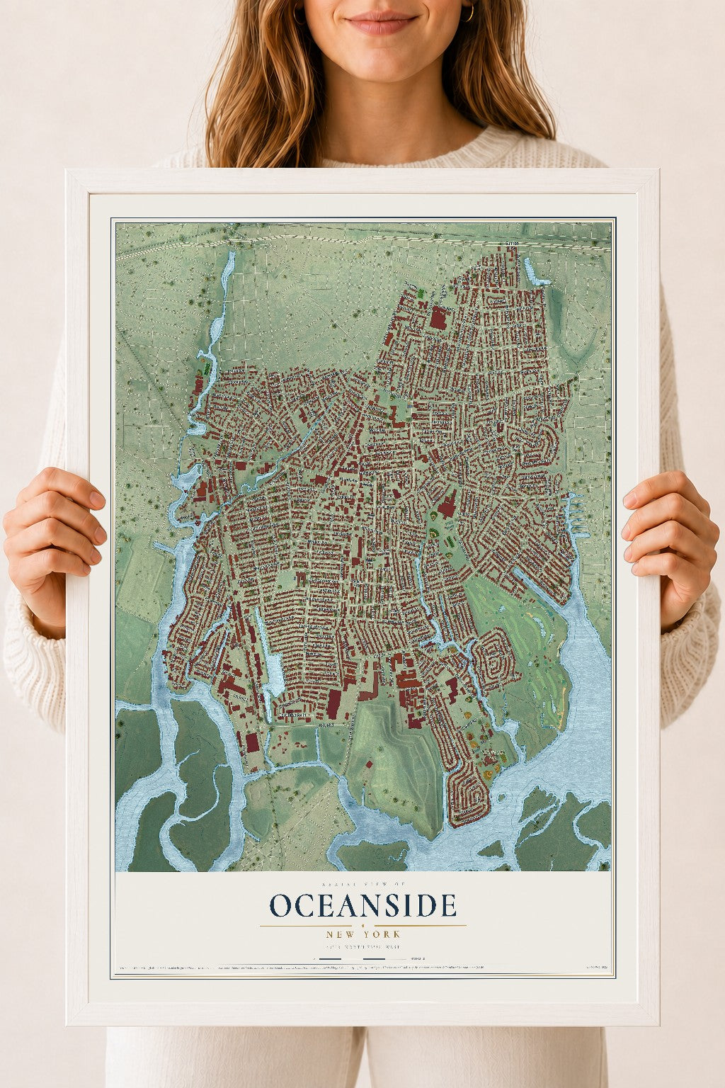Oceanside, New York map print, 18" x 24" W/ White Ayous Wood Frame mockup