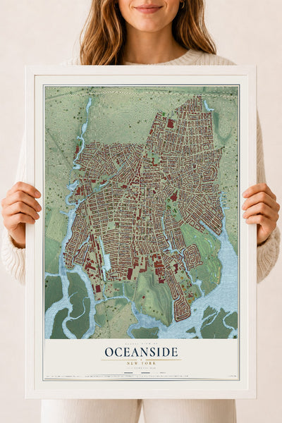 Oceanside, New York map print, 18" x 24" W/ White Ayous Wood Frame mockup