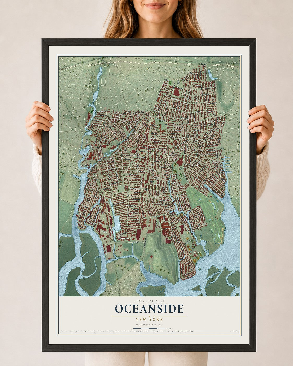 Oceanside, New York map print, 24" x 36" W/ Black Ayous Wood Frame mockup