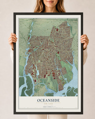 Oceanside, New York map print, 24" x 36" W/ Black Ayous Wood Frame mockup