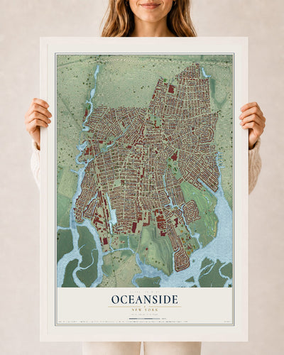 Oceanside, New York map print, 24" x 36" W/ White Ayous Wood Frame mockup