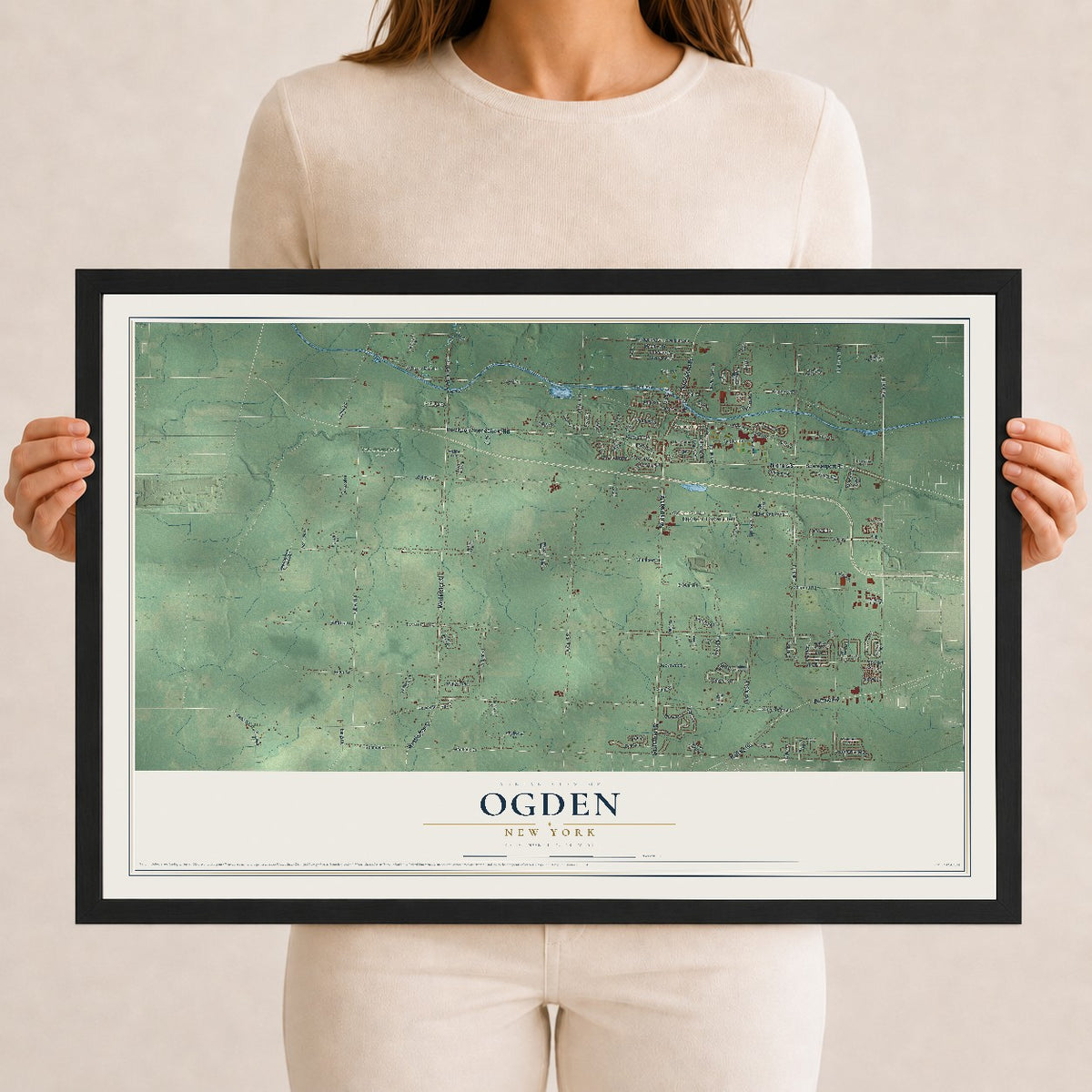 Ogden, New York map print, 12" x 18" W/ Black Ayous Wood Frame mockup