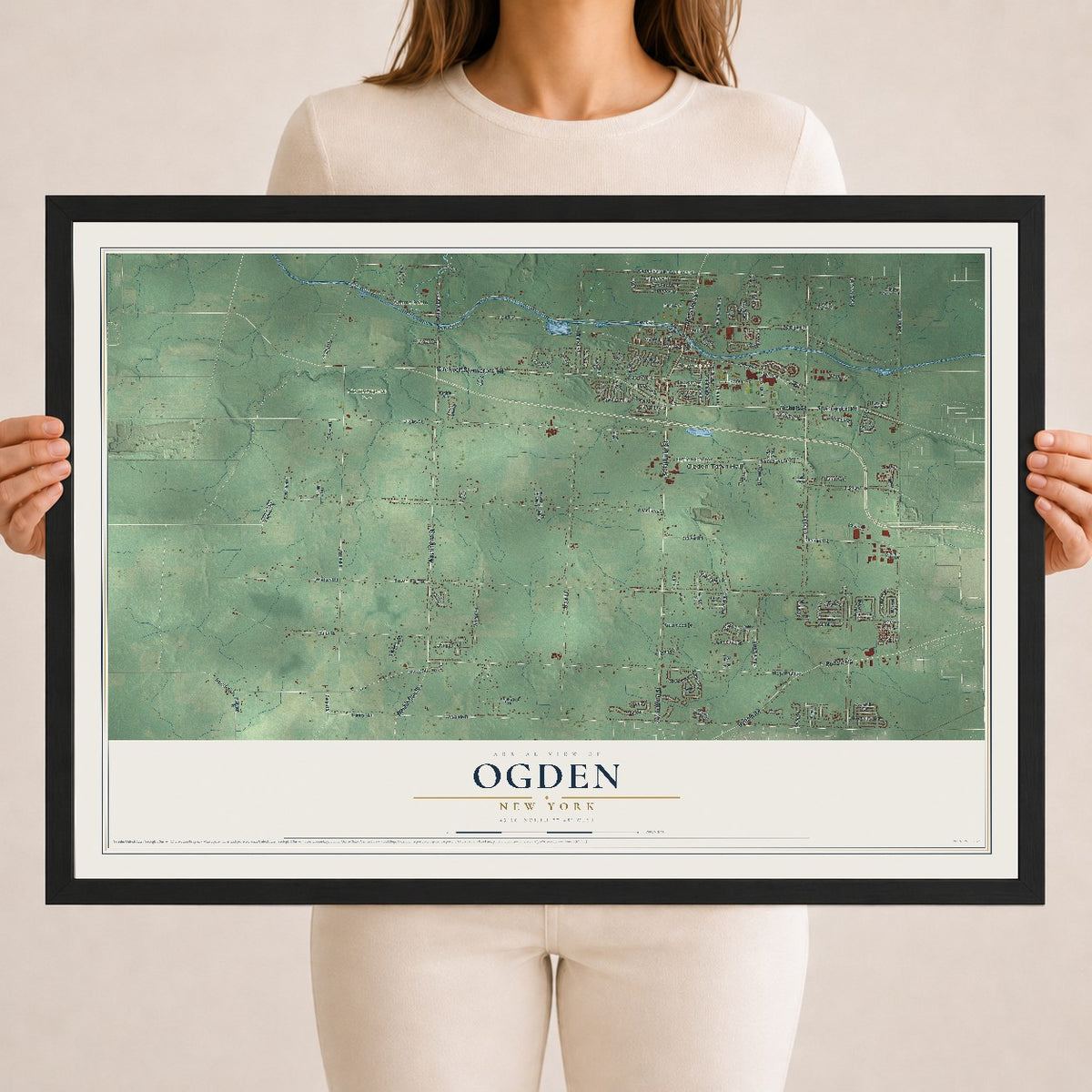 Ogden, New York map print, 18" x 24" W/ Black Ayous Wood Frame mockup