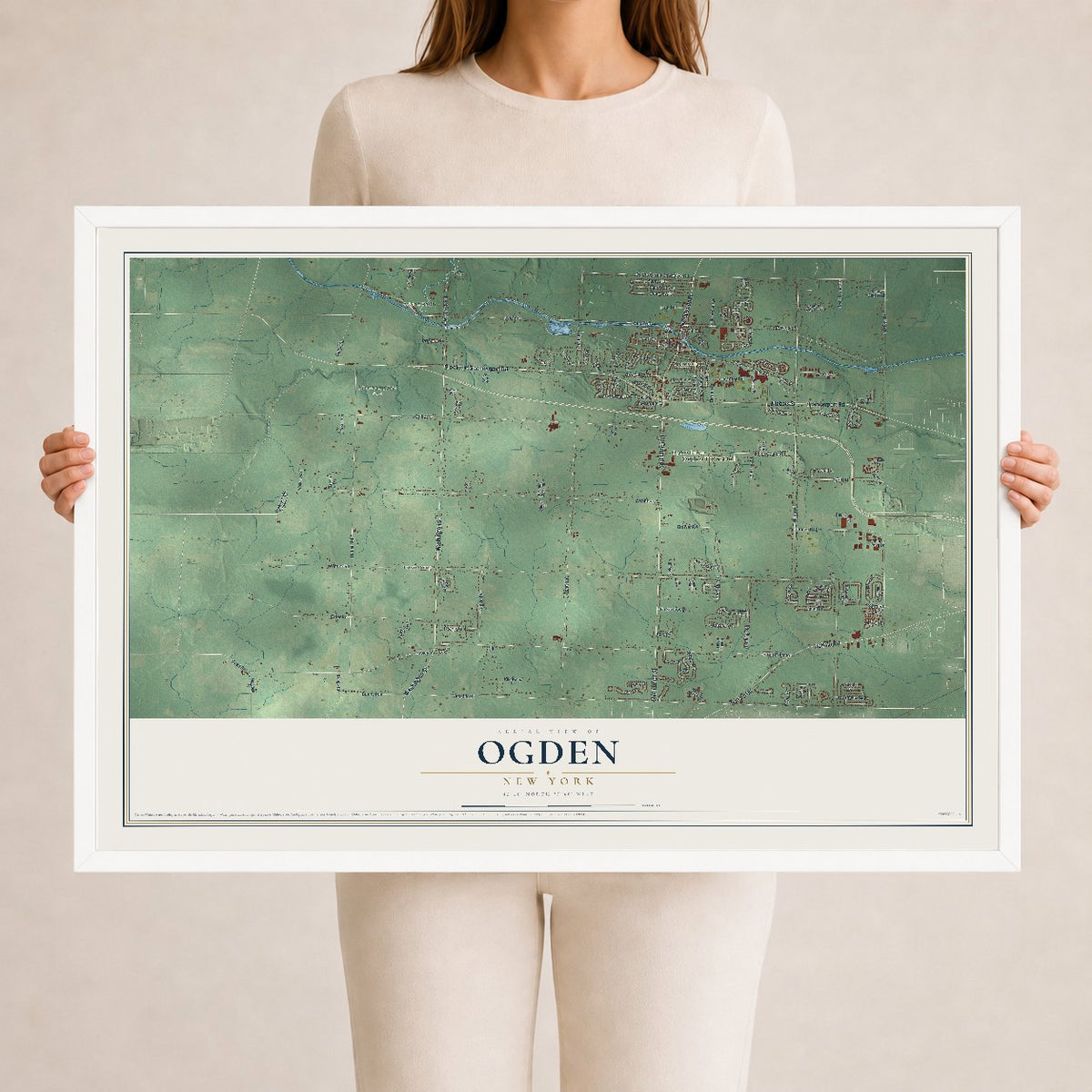 Ogden, New York map print, 24" x 36" W/ White Ayous Wood Frame mockup