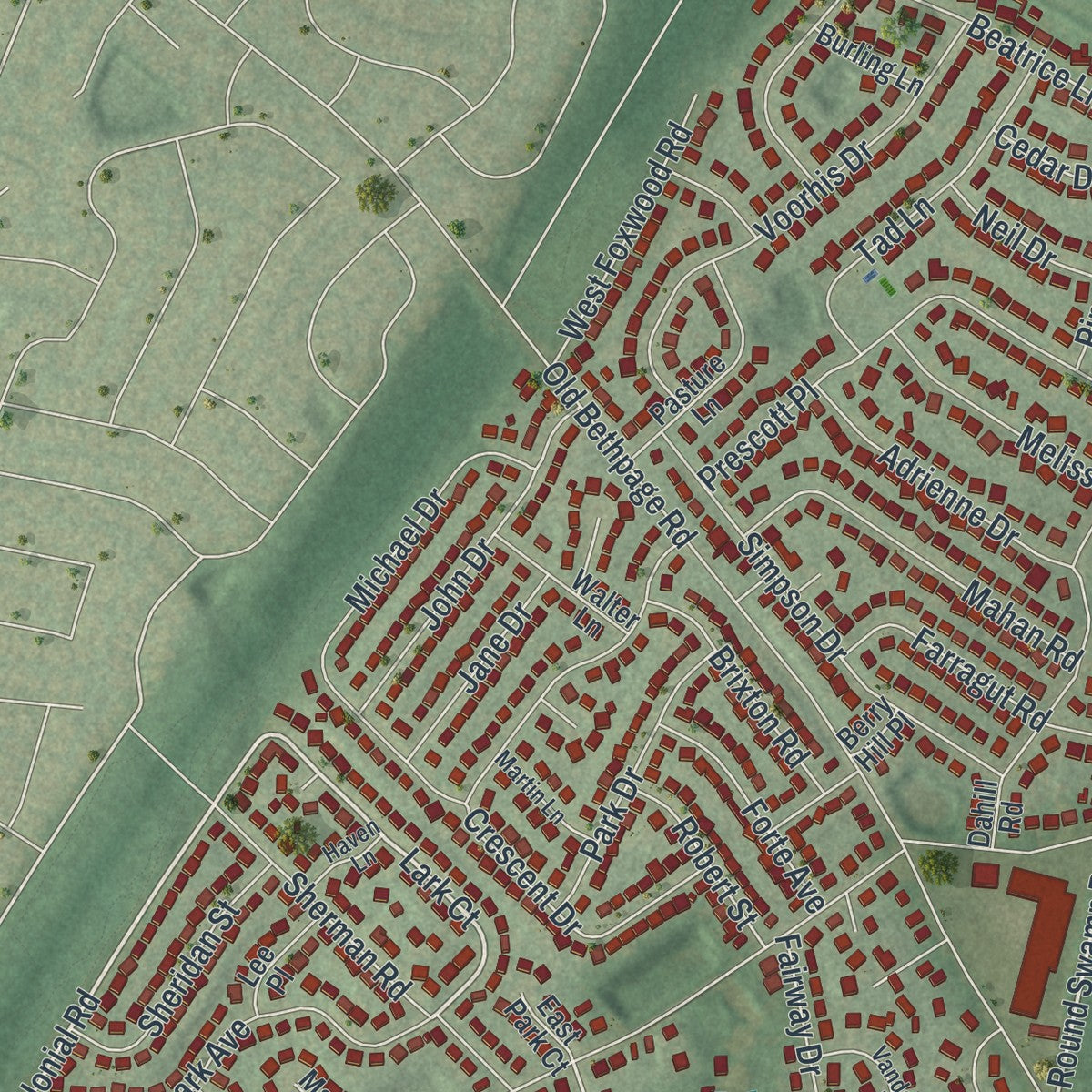 Close-up 1 of the Old Bethpage, New York map artwork