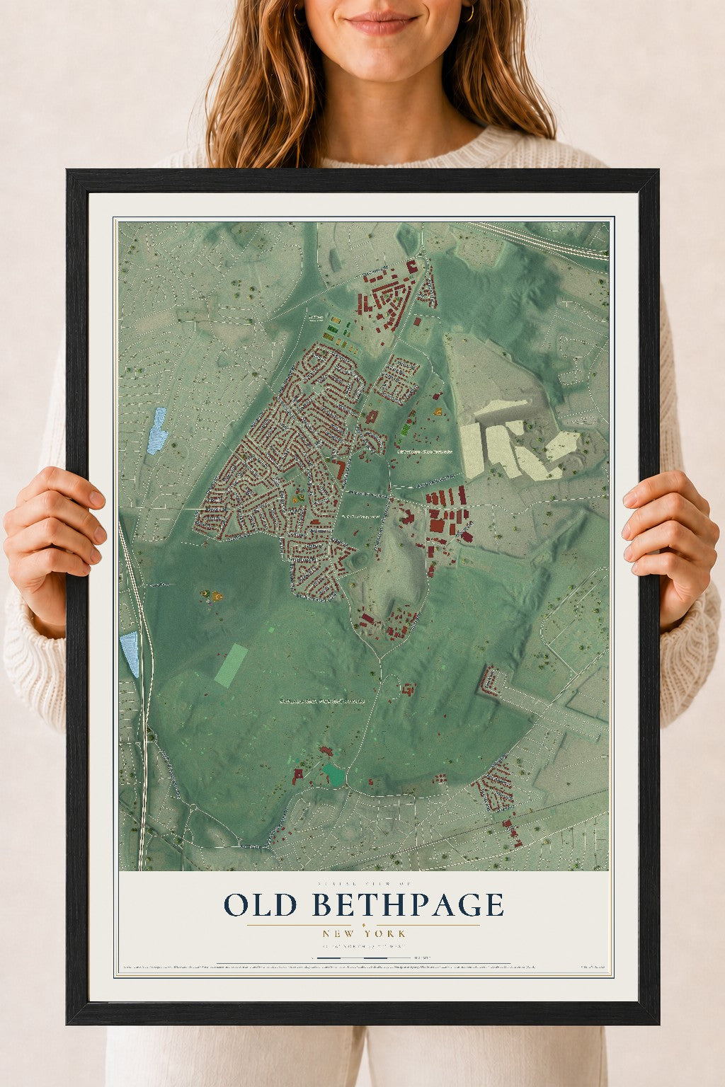 Old Bethpage, New York map print, 18" x 24" W/ Black Ayous Wood Frame mockup