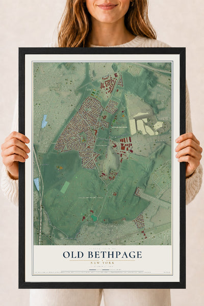 Old Bethpage, New York map print, 18" x 24" W/ Black Ayous Wood Frame mockup