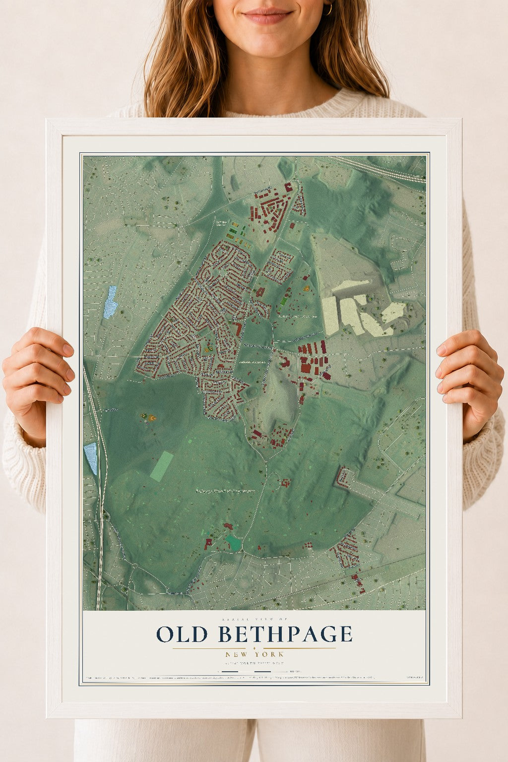 Old Bethpage, New York map print, 18" x 24" W/ White Ayous Wood Frame mockup