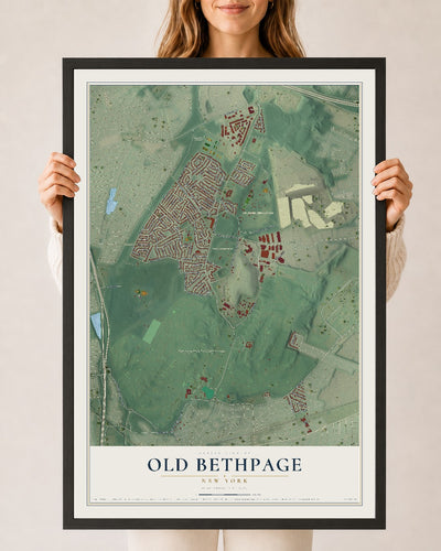 Old Bethpage, New York map print, 24" x 36" W/ Black Ayous Wood Frame mockup