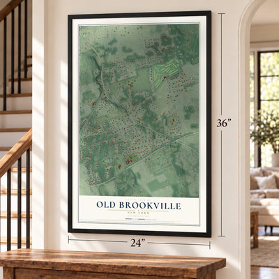 Old Brookville, New York map, 24 x 36 inch print in a black frame by a staircase