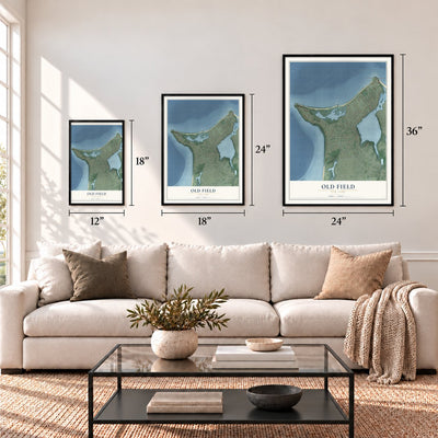 Old Field, New York map in 12 x 18, 18 x 24 and 24 x 36 inch sizes above a sofa