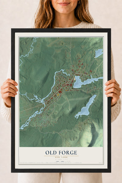 Old Forge, New York map print, 18" x 24" W/ Black Ayous Wood Frame mockup