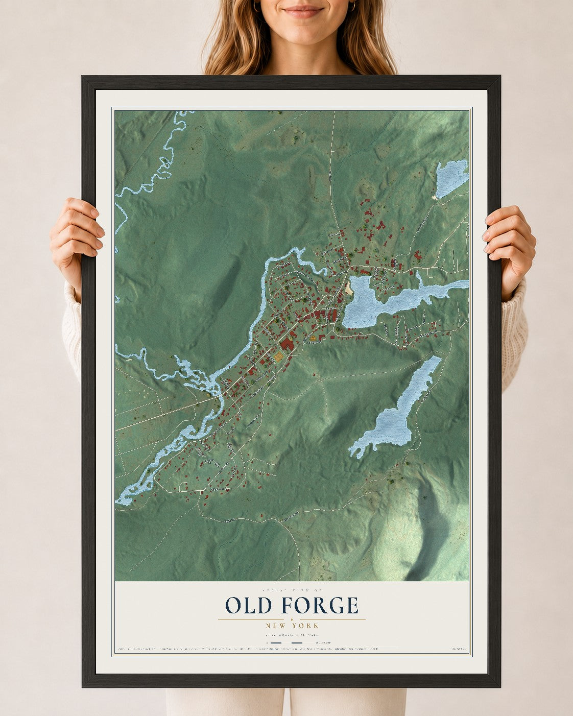 Old Forge, New York map print, 24" x 36" W/ Black Ayous Wood Frame mockup