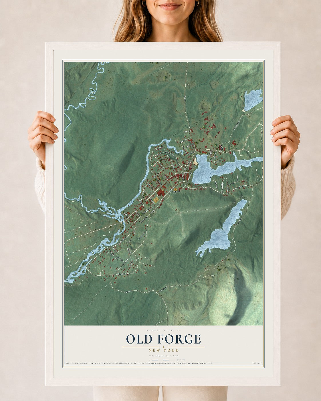 Old Forge, New York map print, 24" x 36" W/ White Ayous Wood Frame mockup