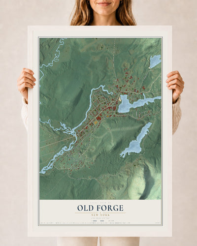 Old Forge, New York map print, 24" x 36" W/ White Ayous Wood Frame mockup