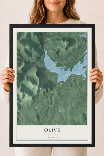 Olive, New York map print, 18" x 24" W/ Black Ayous Wood Frame mockup