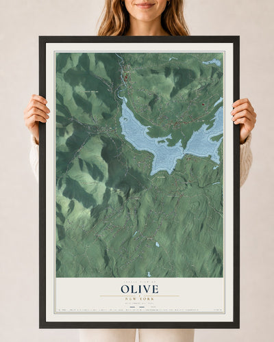 Olive, New York map print, 24" x 36" W/ Black Ayous Wood Frame mockup
