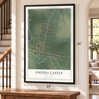 Oneida Castle, New York map, 24 x 36 inch print in a black frame by a staircase