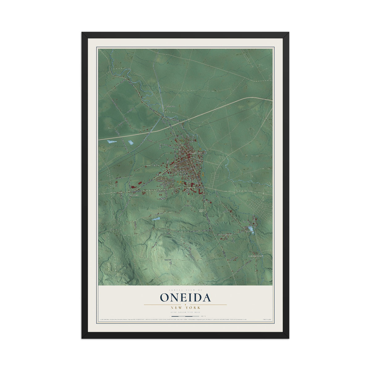 Oneida, New York map print, 12" x 18" W/ Black Ayous Wood Frame mockup